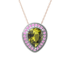 Esinti Kolye - Peridot ve pembe kuvars 8 ayar beyaz altın kolye (40 cm rose altın rolo zincir) #5eafj7