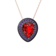 Esinti Kolye - Garnet ve ametist 925 ayar siyah rodyum kaplama gümüş kolye (40 cm rose altın rolo zincir) #5r1u6t