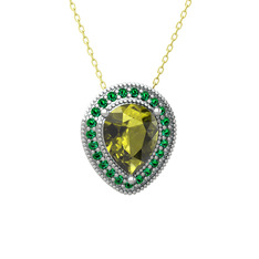 Peridot ve yeşil kuvars 8 ayar beyaz altın kolye (40 cm altın rolo zincir)