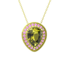 Peridot ve pembe kuvars 14 ayar altın kolye (40 cm altın rolo zincir)