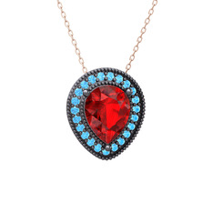 Garnet ve akuamarin 925 ayar siyah rodyum kaplama gümüş kolye (40 cm rose altın rolo zincir)