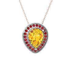 Sitrin ve garnet 14 ayar beyaz altın kolye (40 cm rose altın rolo zincir)