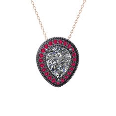Esinti Kolye - Beyaz zirkon ve rodolit garnet 925 ayar siyah rodyum kaplama gümüş kolye (40 cm rose altın rolo zincir) #7j2iun