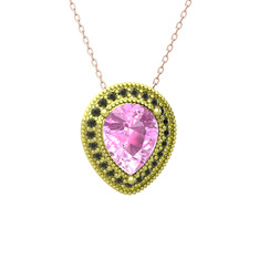 Esinti Kolye - Pembe kuvars ve peridot 18 ayar altın kolye (40 cm gümüş rolo zincir) #7rscyn
