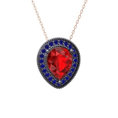 Esinti Kolye - Garnet ve lab safir 925 ayar siyah rodyum kaplama gümüş kolye (40 cm rose altın rolo zincir) #8t8gi1