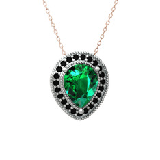 Esinti Kolye - Yeşil kuvars ve siyah zirkon 18 ayar beyaz altın kolye (40 cm rose altın rolo zincir) #92g7i5