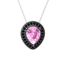 Pembe kuvars ve siyah zirkon 925 ayar siyah rodyum kaplama gümüş kolye (40 cm beyaz altın rolo zincir)