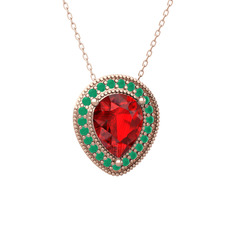 Garnet ve kök zümrüt 14 ayar rose altın kolye (40 cm rose altın rolo zincir)