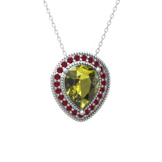 Peridot ve kök yakut 18 ayar beyaz altın kolye (40 cm gümüş rolo zincir)