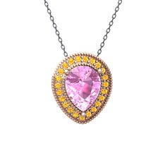 Pembe kuvars ve sitrin 14 ayar rose altın kolye (40 cm gümüş rolo zincir)