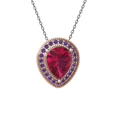 Rodolit garnet ve ametist 14 ayar rose altın kolye (40 cm gümüş rolo zincir)