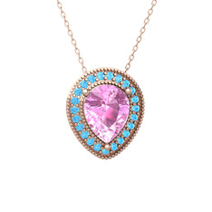 Pembe kuvars ve akuamarin 14 ayar rose altın kolye (40 cm gümüş rolo zincir)
