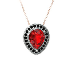 Esinti Kolye - Garnet ve siyah zirkon 18 ayar beyaz altın kolye (40 cm rose altın rolo zincir) #c9r5ca