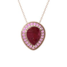 Kök yakut ve pembe kuvars 8 ayar rose altın kolye (40 cm rose altın rolo zincir)
