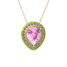 Pembe kuvars ve swarovski 8 ayar altın kolye (40 cm rose altın rolo zincir)