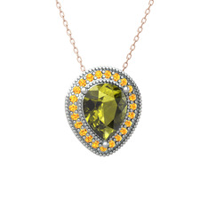 Peridot ve sitrin 14 ayar beyaz altın kolye (40 cm rose altın rolo zincir)