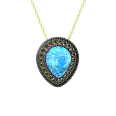 Esinti Kolye - Akuamarin ve peridot 925 ayar siyah rodyum kaplama gümüş kolye (40 cm altın rolo zincir) #egz7ha