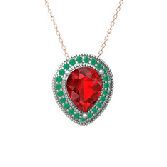 Esinti Kolye - Garnet ve kök zümrüt 8 ayar beyaz altın kolye (40 cm rose altın rolo zincir) #ehwuwt
