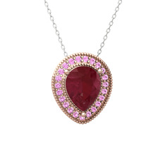 Kök yakut ve pembe kuvars 8 ayar rose altın kolye (40 cm beyaz altın rolo zincir)