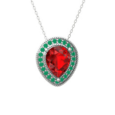 Garnet ve kök zümrüt 925 ayar gümüş kolye (40 cm beyaz altın rolo zincir)