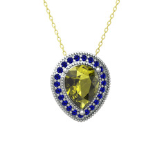 Peridot ve lab safir 8 ayar beyaz altın kolye (40 cm altın rolo zincir)