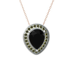 Siyah zirkon ve peridot 14 ayar beyaz altın kolye (40 cm rose altın rolo zincir)