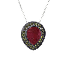 Esinti Kolye - Kök yakut ve peridot 925 ayar siyah rodyum kaplama gümüş kolye (40 cm beyaz altın rolo zincir) #hyna92