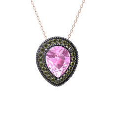 Esinti Kolye - Pembe kuvars ve peridot 925 ayar siyah rodyum kaplama gümüş kolye (40 cm rose altın rolo zincir) #icakys