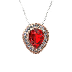 Garnet ve beyaz zirkon 8 ayar rose altın kolye (40 cm gümüş rolo zincir)