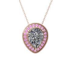 Swarovski ve pembe kuvars 14 ayar rose altın kolye (40 cm rose altın rolo zincir)