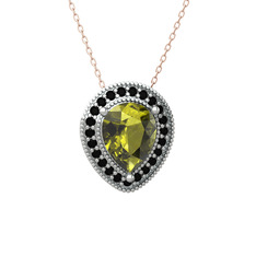 Esinti Kolye - Peridot ve siyah zirkon 8 ayar beyaz altın kolye (40 cm rose altın rolo zincir) #le795d