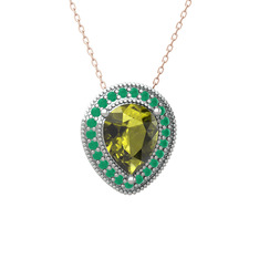 Esinti Kolye - Peridot ve kök zümrüt 14 ayar beyaz altın kolye (40 cm rose altın rolo zincir) #myhgbn
