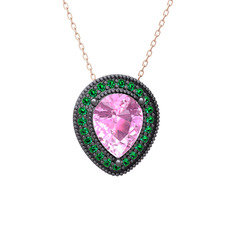 Esinti Kolye - Pembe kuvars ve yeşil kuvars 925 ayar siyah rodyum kaplama gümüş kolye (40 cm rose altın rolo zincir) #oc9eb4