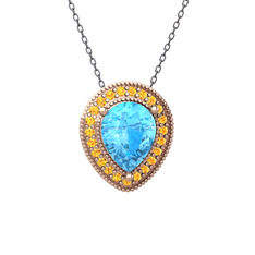 Akuamarin ve sitrin 14 ayar rose altın kolye (40 cm gümüş rolo zincir)