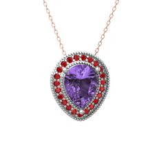 Esinti Kolye - Ametist ve garnet 14 ayar beyaz altın kolye (40 cm rose altın rolo zincir) #p74zpp