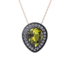 Esinti Kolye - Peridot ve pırlanta 925 ayar siyah rodyum kaplama gümüş kolye (0.264 karat, 40 cm rose altın rolo zincir) #r050qz