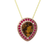 Dumanlı kuvars ve rodolit garnet 18 ayar rose altın kolye (40 cm altın rolo zincir)