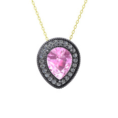 Pembe kuvars ve swarovski 925 ayar siyah rodyum kaplama gümüş kolye (40 cm altın rolo zincir)