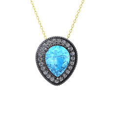 Akuamarin ve swarovski 925 ayar siyah rodyum kaplama gümüş kolye (40 cm altın rolo zincir)