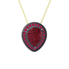 Kök yakut ve rodolit garnet 925 ayar siyah rodyum kaplama gümüş kolye (40 cm gümüş rolo zincir)