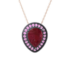 Esinti Kolye - Kök yakut ve pembe kuvars 925 ayar siyah rodyum kaplama gümüş kolye (40 cm rose altın rolo zincir) #sa6l7t