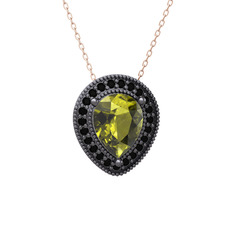 Peridot ve siyah zirkon 925 ayar siyah rodyum kaplama gümüş kolye (40 cm rose altın rolo zincir)