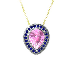 Pembe kuvars ve lab safir 18 ayar beyaz altın kolye (40 cm altın rolo zincir)