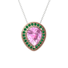 Pembe kuvars ve yeşil kuvars 8 ayar rose altın kolye (40 cm beyaz altın rolo zincir)