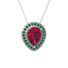 Rodolit garnet ve yeşil kuvars 14 ayar beyaz altın kolye (40 cm gümüş rolo zincir)