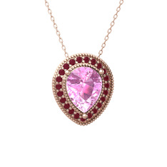 Pembe kuvars ve kök yakut 14 ayar rose altın kolye (40 cm rose altın rolo zincir)