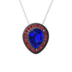 Esinti Kolye - Lab safir ve garnet 925 ayar siyah rodyum kaplama gümüş kolye (40 cm beyaz altın rolo zincir) #xqjbl6