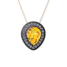 Esinti Kolye - Sitrin ve swarovski 925 ayar siyah rodyum kaplama gümüş kolye (40 cm rose altın rolo zincir) #xqyxpi
