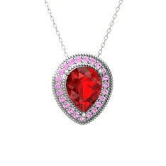Garnet ve pembe kuvars 18 ayar beyaz altın kolye (40 cm beyaz altın rolo zincir)