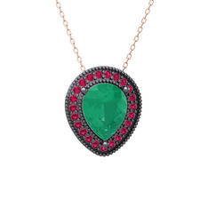 Esinti Kolye - Kök zümrüt ve rodolit garnet 925 ayar siyah rodyum kaplama gümüş kolye (40 cm rose altın rolo zincir) #z9g1qm